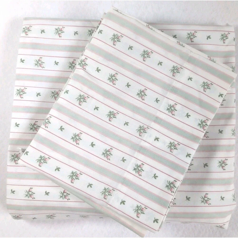Vintage Lady Pepperell Queen Sheet Set Sweet Lizzie Ditsy Floral Stripe Cottage